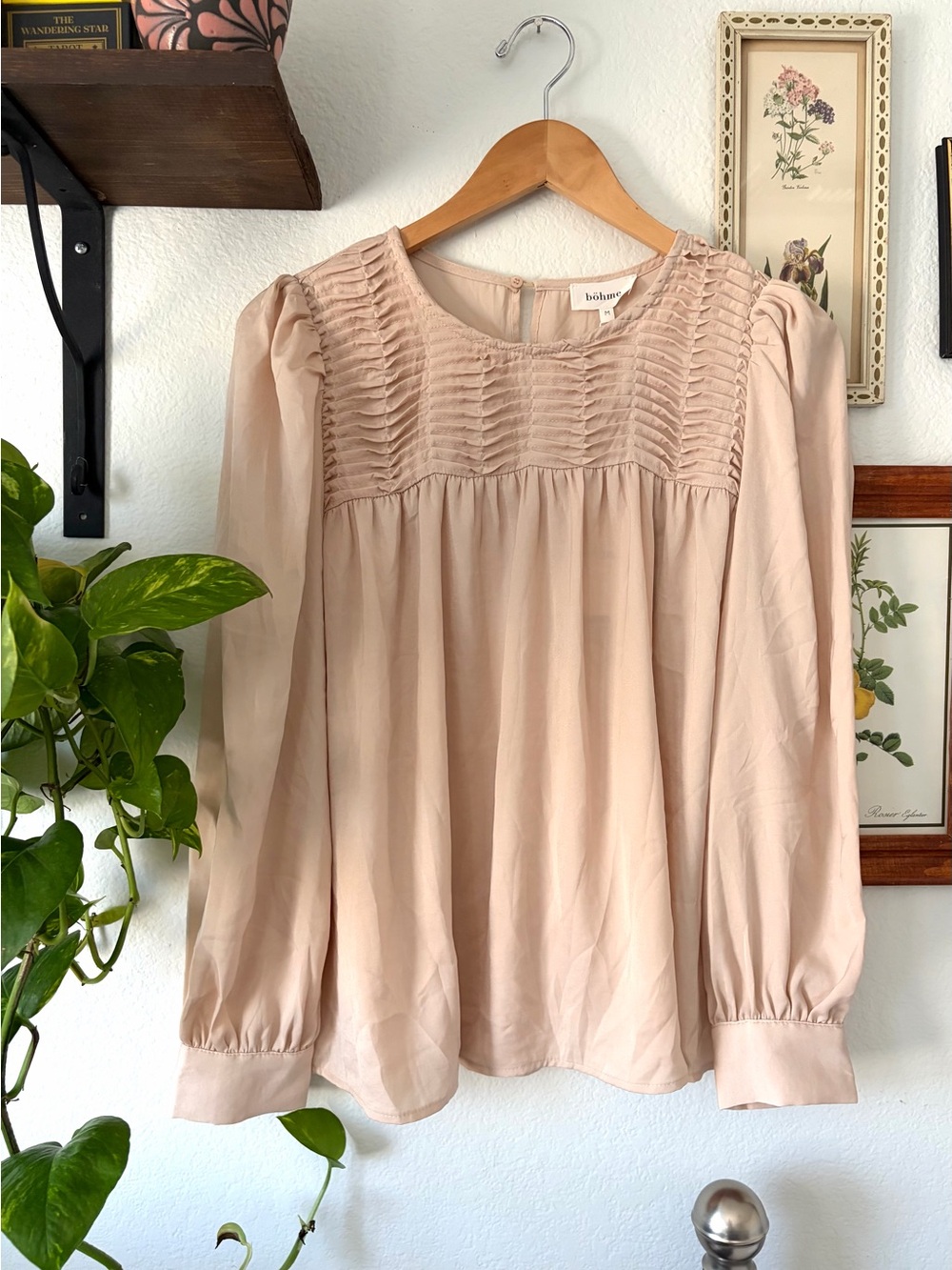 Bohme Blush Pink Smocked Yoke Long Sleeve Women's Top - Medium